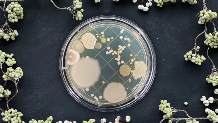 培養法による食品細菌検査のイメージ画像。黒い机の中央に、微生物のコロニーが生えた寒天培地が置かれ、その周囲を植物が取り囲み、装飾しています。