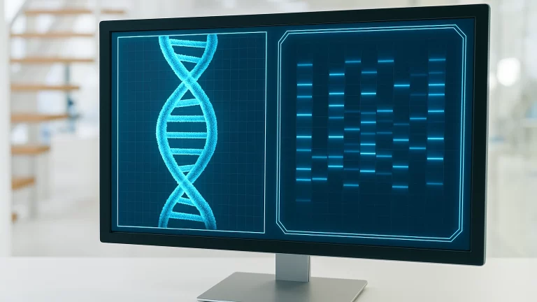 DNA分析による食品細菌検査のイメージ画像。清潔感のあるラボにディスプレイが置かれ、そこにDNAの3Dモデルと電気泳動画像が表示されています。